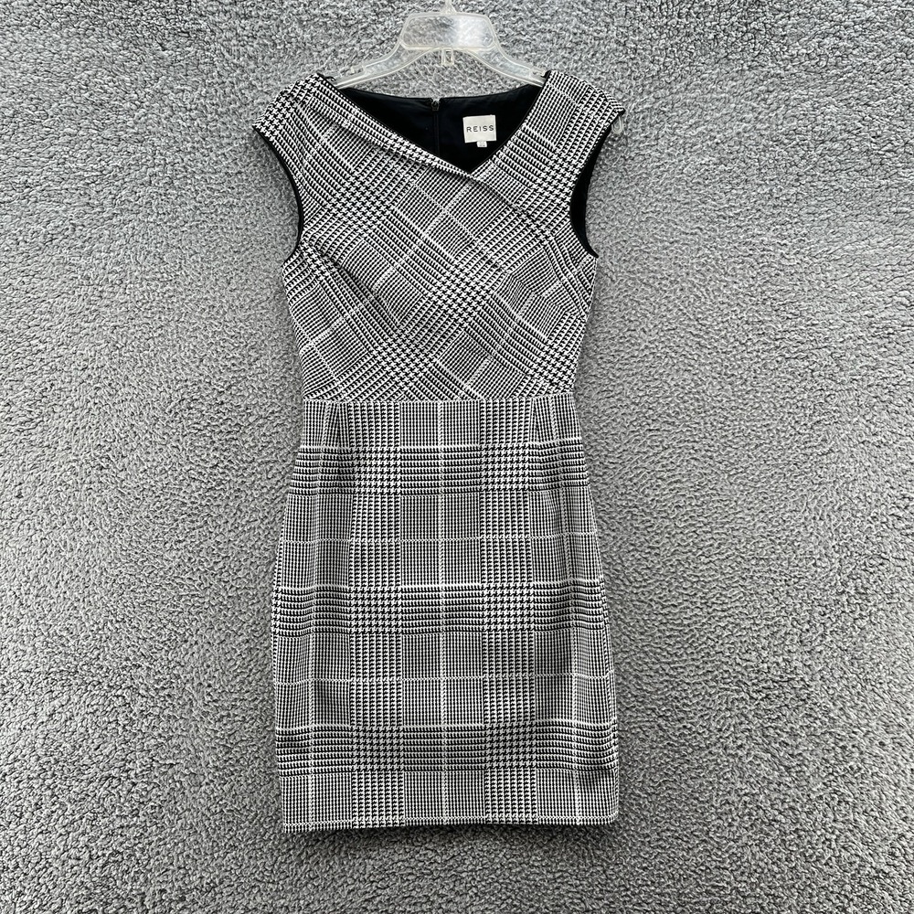 REISS Dress 6 Black White Houndstooth Check Above Knee Career Party Sheath